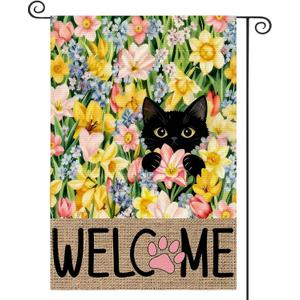 2 x Spring Floral Garden Flag, 12x18 Inch Double Sided Burlap Black Cat Welcome Yard Flag, Seasonal Holiday Lawn Proch Outdoor Outside Decor