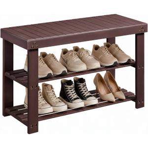 Amada 3 Tier Bamboo Shoe Rack Bench for Entryway, Living Room, Brown, 27.56 x 11.02 x 17.72 inches