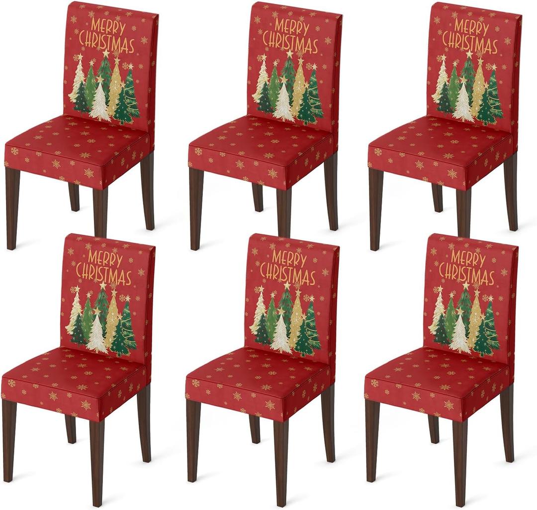 Horaldaily 6PCS Christmas Dining Red Chair Covers, Christmas Pine Tree Stars Stretch Removable Washable Slipcover Chair Protector for Dining Room Home Decor
