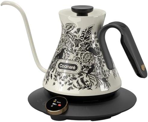 Cocinare Electric Gooseneck Kettle with Color-Changing Design, ±0.5℉ Temperature Control for Pour-over Coffee & Tea, Stainless Steel Interior, Quick Heating for Boiling Water (Jungle) (Vintage White)
