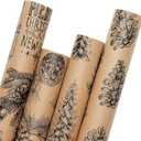 YANGTE Vintage Christmas Wrapping Paper Rolls, Brown & Black Wrapping Paper Christmas with Twine and Greeting Cards, 4 Rolls Holiday Gift Wrapping Paper, 17 x 120 inch per Roll