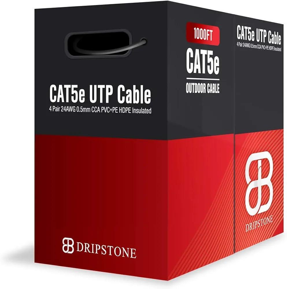 Dripstone - DS617 1000ft CAT5e Outdoor 350Mhz Direct Burial Solid Cable 24AWG Waterproof Wire HDPE Insulated Polyethylene (PE) for Indoor/Outdoor Easy Pull Box on Plastic Reel