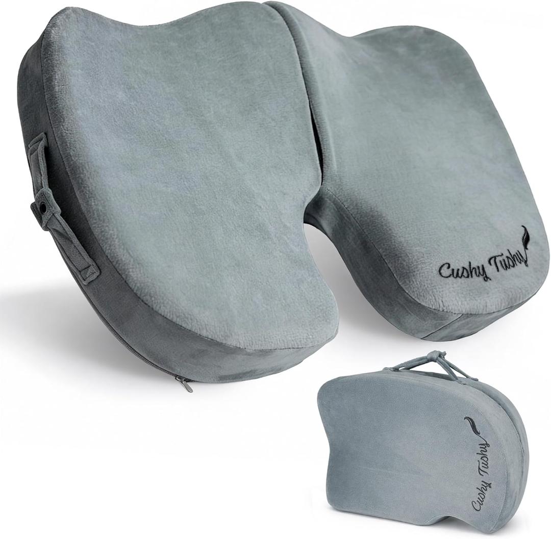Cushy Tushy Premium Foldable Travel Seat Cushion - for Relief of Lower Back, Sciatic, Butt and Tailbone Pain - for Home & Office Use, Perfect for Travel or Driving - Coccyx Seat Cushion (Regular, Grey)