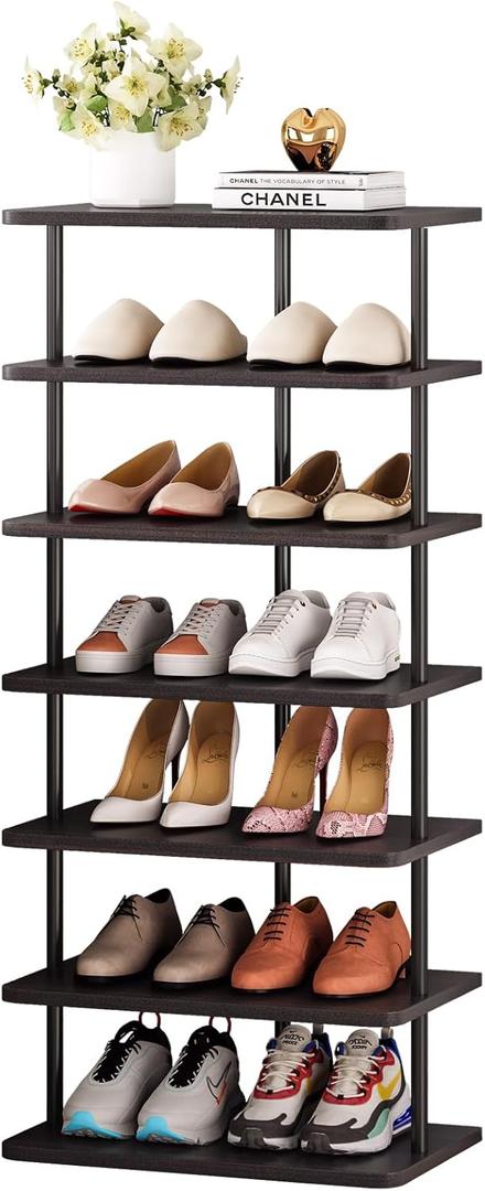SORCEDAS 7 Tiers Vertical Shoe Rack Wooden Shoe Storage Organizer for Space Saving Narrow Shoe Shelf Storage 14 Pairs for Entryway Living Room Bedroom(Black + Rustic Dark Brown)