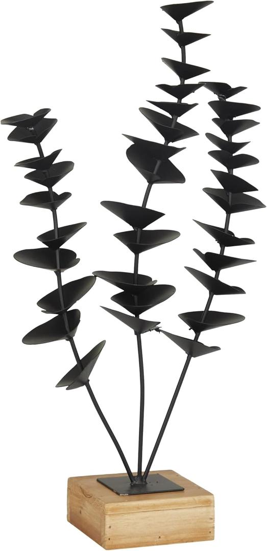 Deco 79 Metal Leaf Decorative Sculpture Home Decor Statue with Wood Base, Accent Figurine 9" x 4" x 18", Black