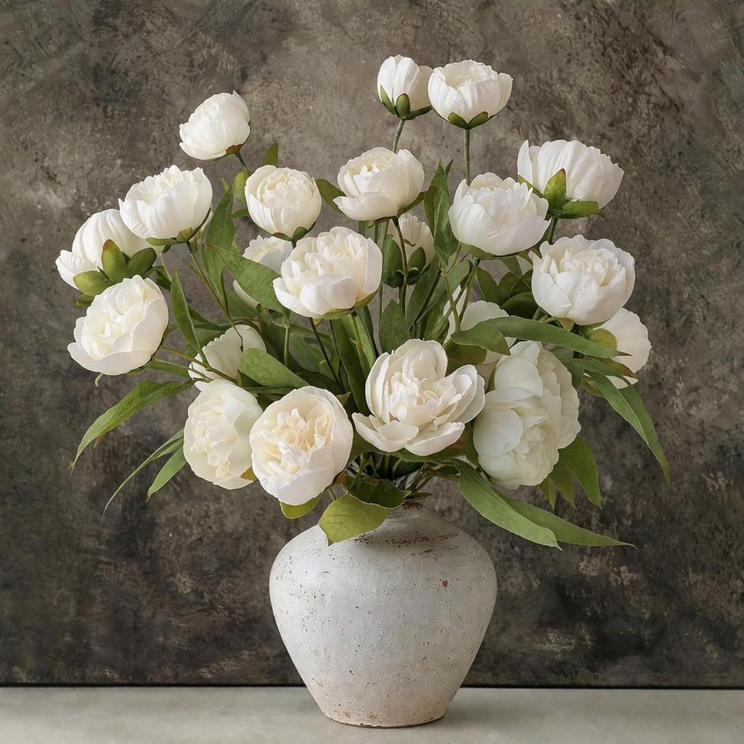 Floroom 6 Pcs Faux Silk Peony Artificial Flowers, 27" Long Stem Peonies Bulk, Fake Flower Branches for Tall Vases DIY Wedding Bouquet Centerpieces Floral Arrangements Fillers Home Decor, Ivory