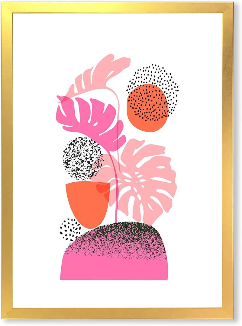 Geometric Moon & Sun Shapes with Tropical Leaves  Modern Framed Canvas Wall Art Print, Abstract Dcor, 36x36