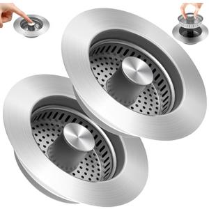 3 in 1 Kitchen Sink Drain Strainer Sink Stopper, Stainless Steel Sink Drain Strainer with Anti-Clogging Basket, Kitchen Sink Drain Filter Plug for US Standard 3-1/2 Inch Drain (2Pack)