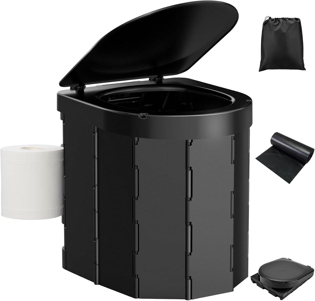 Portable Camping Toilet, Folding Toilet for Adults with Lid and Retractable TP Holder, Waterproof Porta Potty with Carry Bag and Disposible Liners for Camping, Hiking, RV Travel (Black)