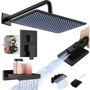 KES Black Bathtub Shower Faucet Set with 12" Rectangle Rain Shower Head, Shower System with 3-Modes Handheld Spray and Waterfall Tub Spout, cUPC Anti-Scald Valve included, XB6336S12-BK