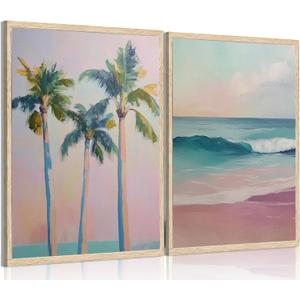 2Pcs Pink Beach Canvas Wall Art, Peach Palm Tree Canvas Print Wall Decor Preppy Prints Artwork Painting Beach Decoration for Gallery Living Room Bedroom, Unframed (16x24inch) (24L" x 16W")