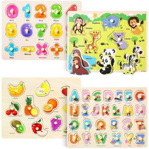 GRINNNIE Wooden Peg Puzzle for Toddlers 3 4 5 Years Old, 4 PCS Montessori Educational Learning Puzzles Set-Numbers, Letters, Animals and Fruits, Great Preschool Gifts for Girls and Boys