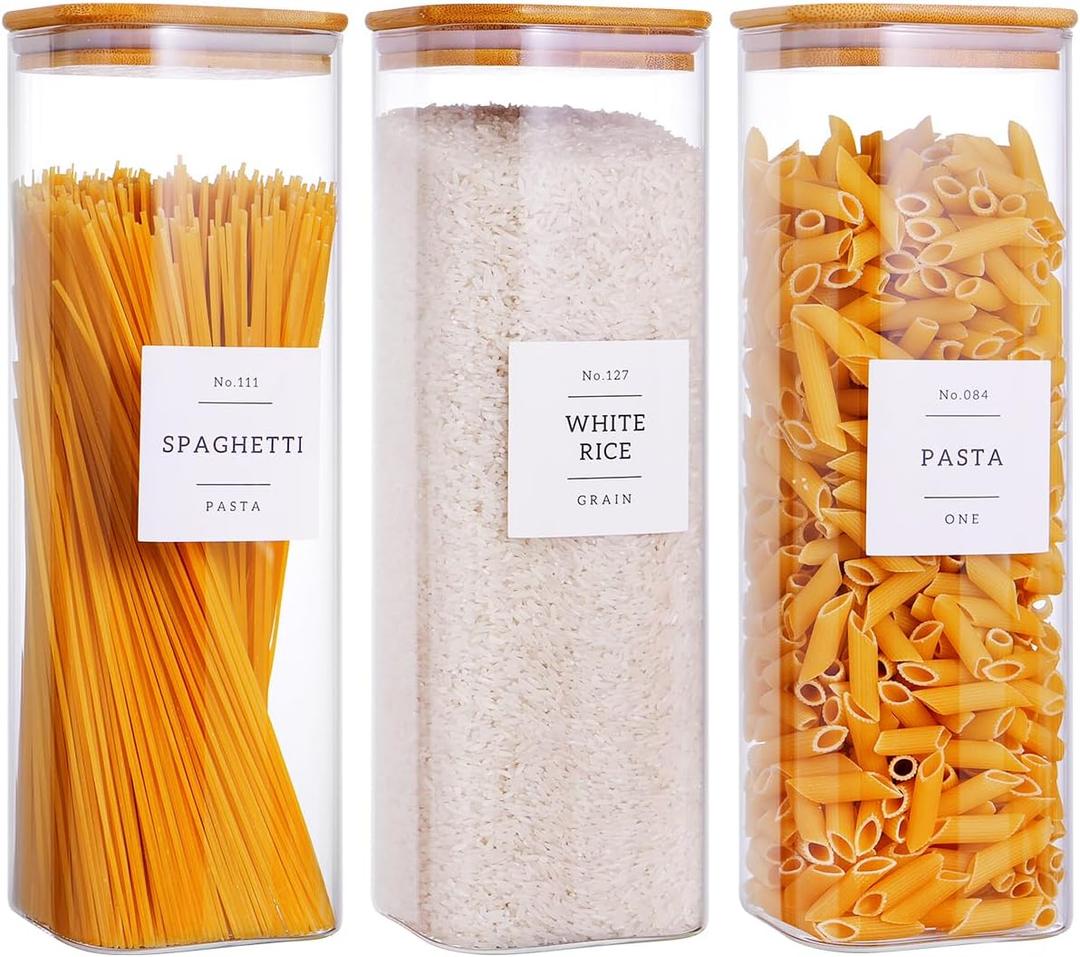 CZZGSM 3 Pack Square Kitchen Storage Jars with Airtight Bamboo Lids and 132 Pantry Labels - 80oz Glass Canisters with Wood Lids - Food Storage Containers for Spaghetti, Pasta, Fettuccine