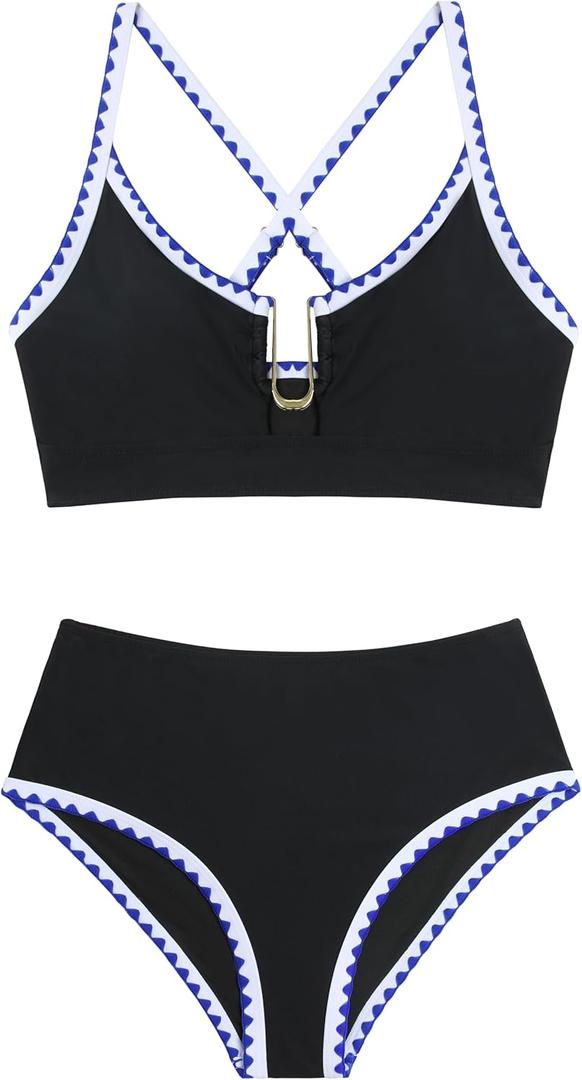 ZAFUL Bikini Sets for Women High Waisted U-Wire Cutout Swim Suits 2025 Textured Two Piece Bathing Suit (Small, White Blue Black)