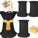 Kochorie 4 Set Cocktail Table Covers with Satin Sash, 32 x 43 Inch Round Cocktail Table Skirt, Spandex Stretch High Top Tablecloth for Wedding Banquet Birthday Party Decorations, (Black, Gold)