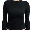 Long Sleeve Shirts for Women Crewneck Basic Tees T Shirts Fitted Crop Tops Y2k Going Out Tops (X-Small, Black)