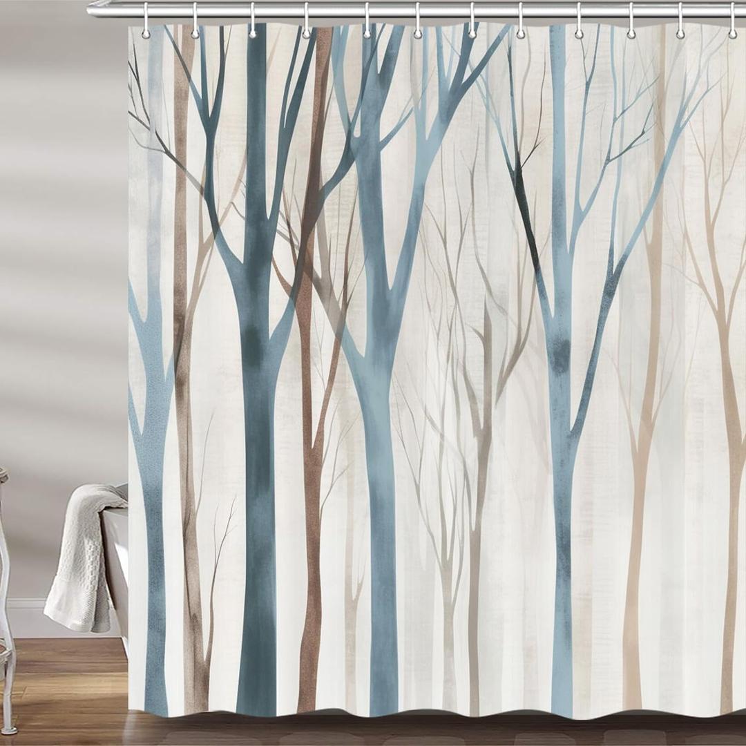 MERCHR Blue and Brown Birch Tree Shower Curtain, Beige Tan Forest Abstract Art Rustic Fabric Shower Curtains Set for Bathroom Decorative, Farmhouse Restroom Decor Accessories with Hooks 72X75 inch