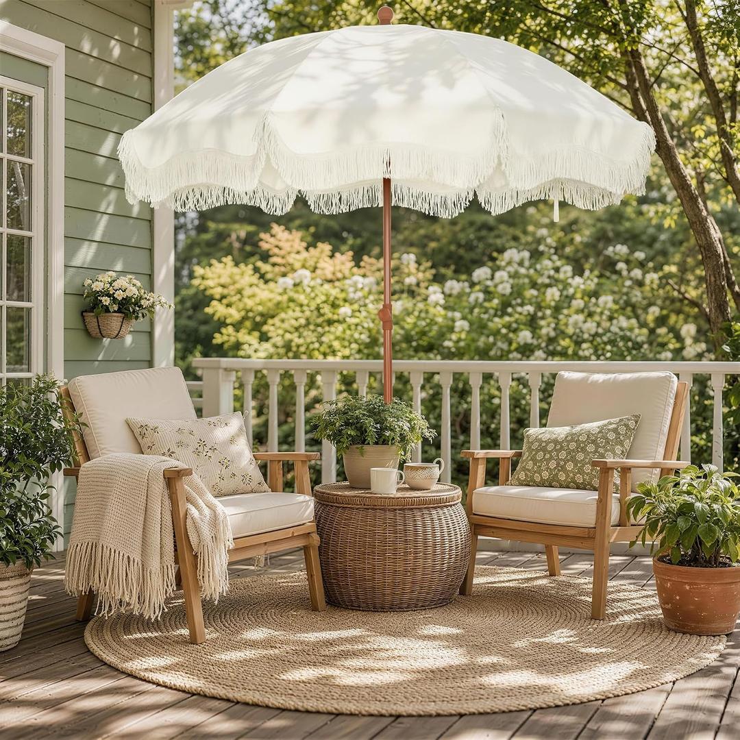 HERA'S PALACE 7ft Heavy Duty Beach Umbrella with Sand Anchor, Fringe Umbrella for Sand, UV 50+, Patio Umbrella with Tilt Pole for Garden Pool Backyard