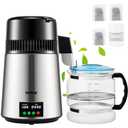 VEVOR 1.1 Gal Water Distiller, 0.3 Gal/H, Distilled Water Maker Machine 750W 0-99H Timing Set Temp Display, 304 Stainless Steel Countertop Distiller Glass Carafe Cleaning Powder 3 Carbon Packs, Silver