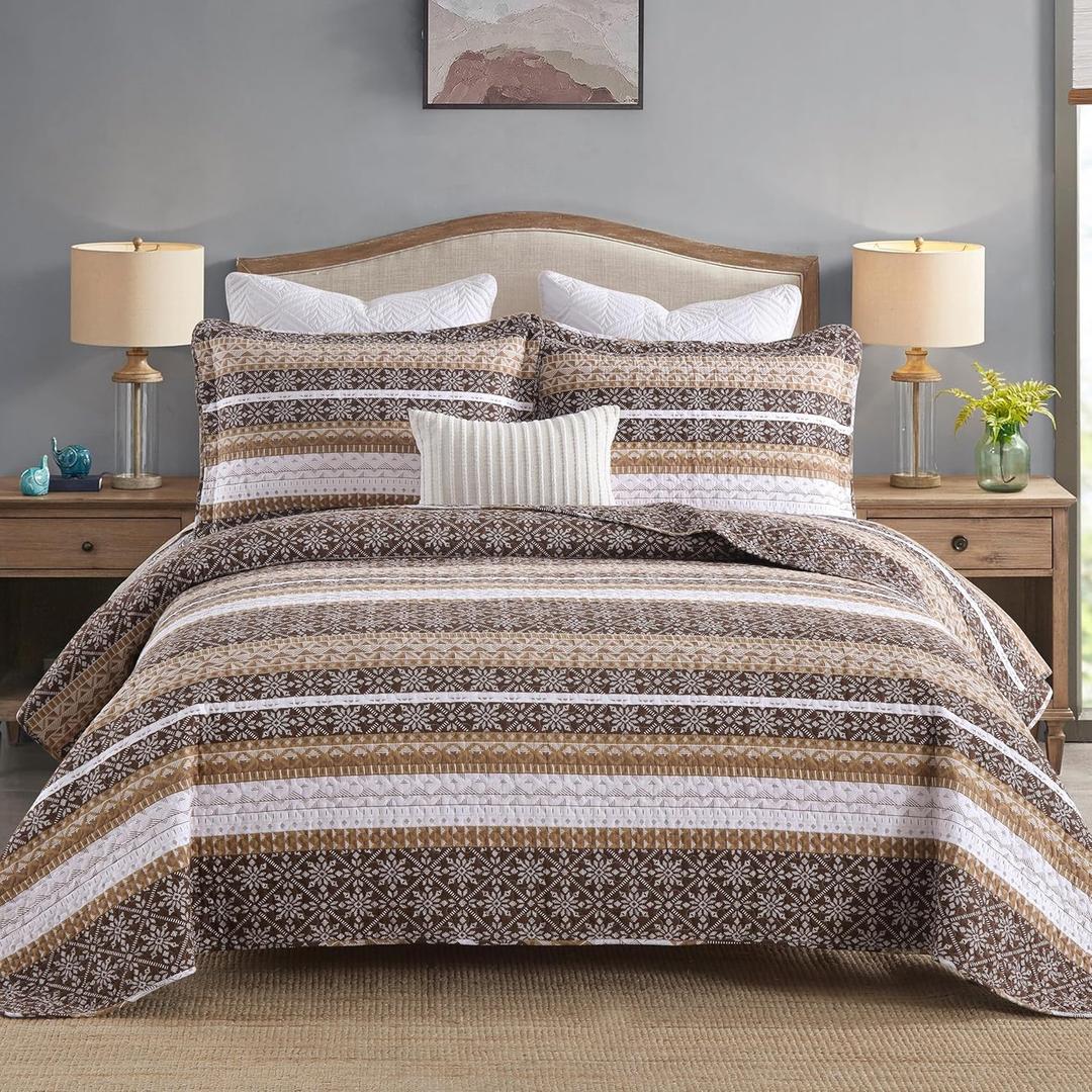 Homzard Brown Quilts Queen Size,Boho Cotton Comforter Set Queen Size,Brown White Snowflake Striped Quilted Bedspread Set,Bohemian Lightweight Comforter Bedding with 2 Pillow Shams (Queen (90"x98"))