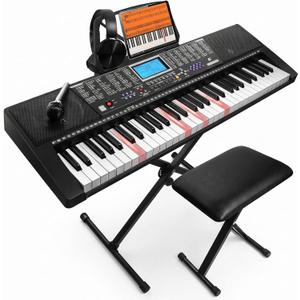 61 Key Keyboard Piano for Beginners with Stand, Bench & Headphones | Piano Keyboard Complete Set, Guided Light-Up Keys, Designed for Beginner Practice, Note Stickers & 3 Teaching Modes, Compact