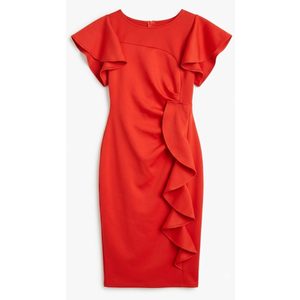 Red Midi Pencil Dress for Women Bodycon Wrap Ruched Design Dresses 3/4 Sleeve Knee Length Sheath Cocktail Party Wedding Guest Work Office Events, Small
