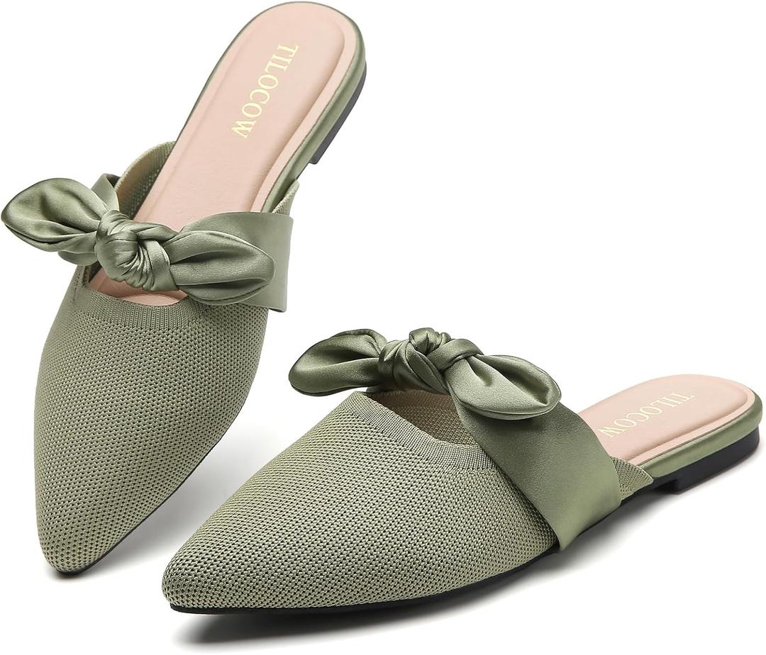 Tilocow Knit Mules for Woman Pointed Toe Flats Bow Mules Slip On Slides Flats Shoes Women Dressy Comfortable (8, Green)