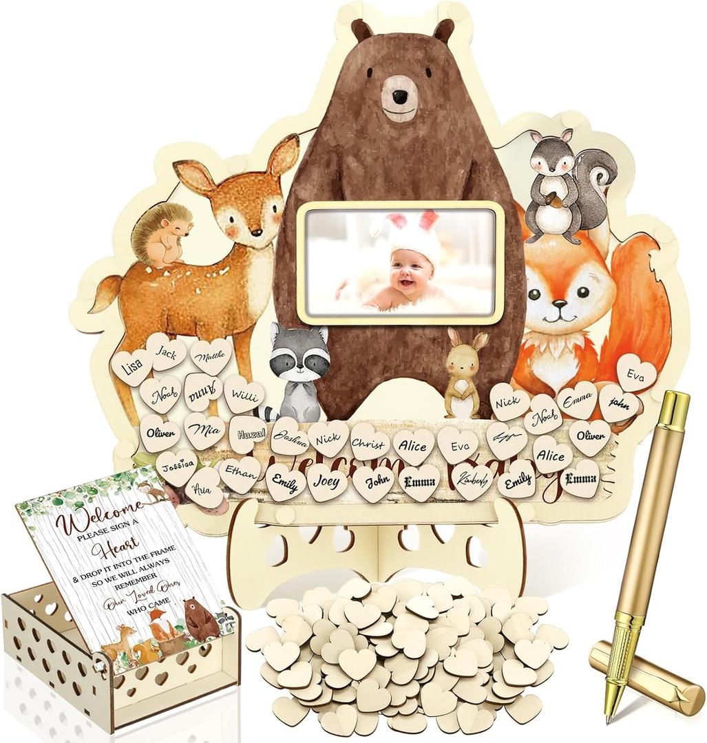 Wenqik 63 Pcs Woodland Animal Baby Shower Guest Book Alternatives Set Baby Shower Decorations with Photo Frame Sonogram Frame Keepsake 60 Wood Slices Guest Book for Birthday