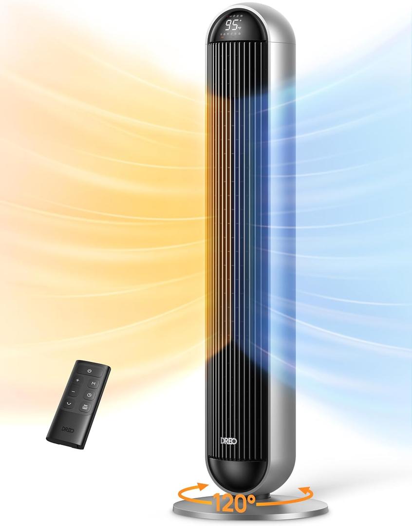 DREO Tower Fan and Heater Combo, 29.2ft/s Standing Fans for Bedroom, 17 Levels, 6 Modes, 120° Oscillation, 42 Inch, 12H Timer, 25dB Quiet, with Remote, for Office, Large Room, Grey