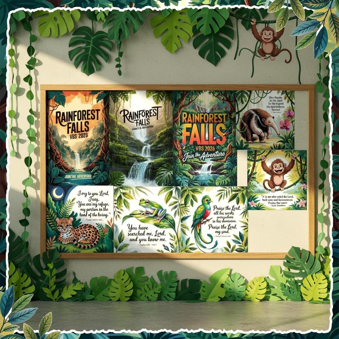 2 x Huwena 8 Pack Rainforest Theme Posters for Vbs 2026, 39 x 28 Inch Large Rainforest Falls Posters 28 x 28 Jungle Animal Poster Pack for Rainforests Church Classroom Party Decor Vacation Bible Learn, 39.4 x 28.3 Inch