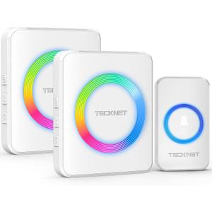 TECKNET Wireless Doorbells for Home, IP65 Waterproof Door Bell 1300ft Range, 0-120dB Classroom Doorbell Kits with 60 Chimes & 5 Volume Levels, RGB Flashing for Hearing Impaired with 2 Receivers,White