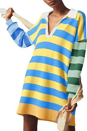 Saodimallsu Womens Striped Oversized Sweater Dress V Neck Collared Color Block Knit Long Sleeve Mini Dresses
 One Size