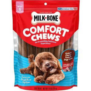 Milk-Bone Mini Comfort Chews, Rawhide Free Dog Treats with Unique Chewy Texture and Real Beef, 6 Mini Chews (Pack of 5), BB 1/10/2026