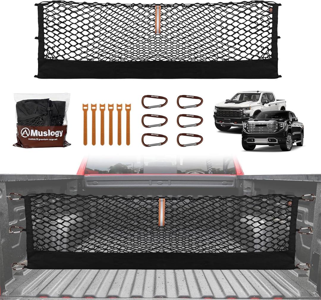 Muslogy Truck Bed Cargo Net Trunk Netting Compatible with 2013-2026 Chevy Silverado & GMC Sierra 1500/2500HD/3500HD Accessories, Pickup Cargo Organizer SUV Sedan Storage Net w/Heavy Duty Carabiners