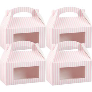 Bio Tek 9.5 x 5 x 5 Inch Gable Boxes For Party Favors, 25 Attractive Gift Boxes - Striped Pattern, Clear PET Window, Pink & White Paper Barn Boxes, With Built-In Handle
