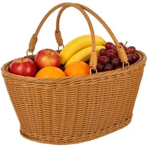 Wicker Picnic Basket with Handles, 16 x 12 x 7 in Hand Woven Washable PP Rattan Storage Basket, Portable for Easter, Shopping, Fruit, Vegetable, Bread, Garden Harvest, Camping, Brown