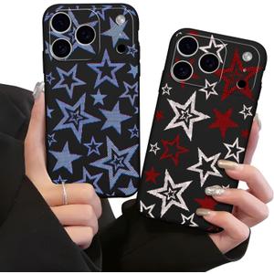 2 Pack Cute Star Phone Case for iPhone 17 Pro Max 6.9",Cool Aesthetic Y2K Cases Y3K Blue Stars Design Cover for Women Girls Teens,Black Silicone Shockproof Protective Funda for iPhone 17 Pro Max 6.9"