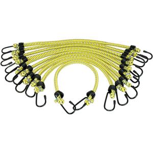 K Tool International 73830 3/8" x 18" General Purpose Bungee Cord Set for Garages, Repair Shops or DIY, Steel Vinyl Covered Hooks, Quality Rubber, Braided Cover, Safety Yellow Woven Jacket