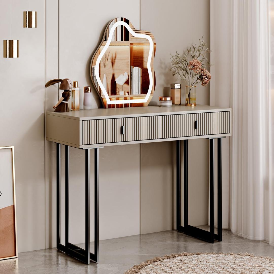 Ieejdn Dark Grey Vanity Desk with Mirror and Lights,Small Makeup Vanity with 2 DrawersModern Makeup Table with Adjustable Cabinet for Bedroom,Makeup Room