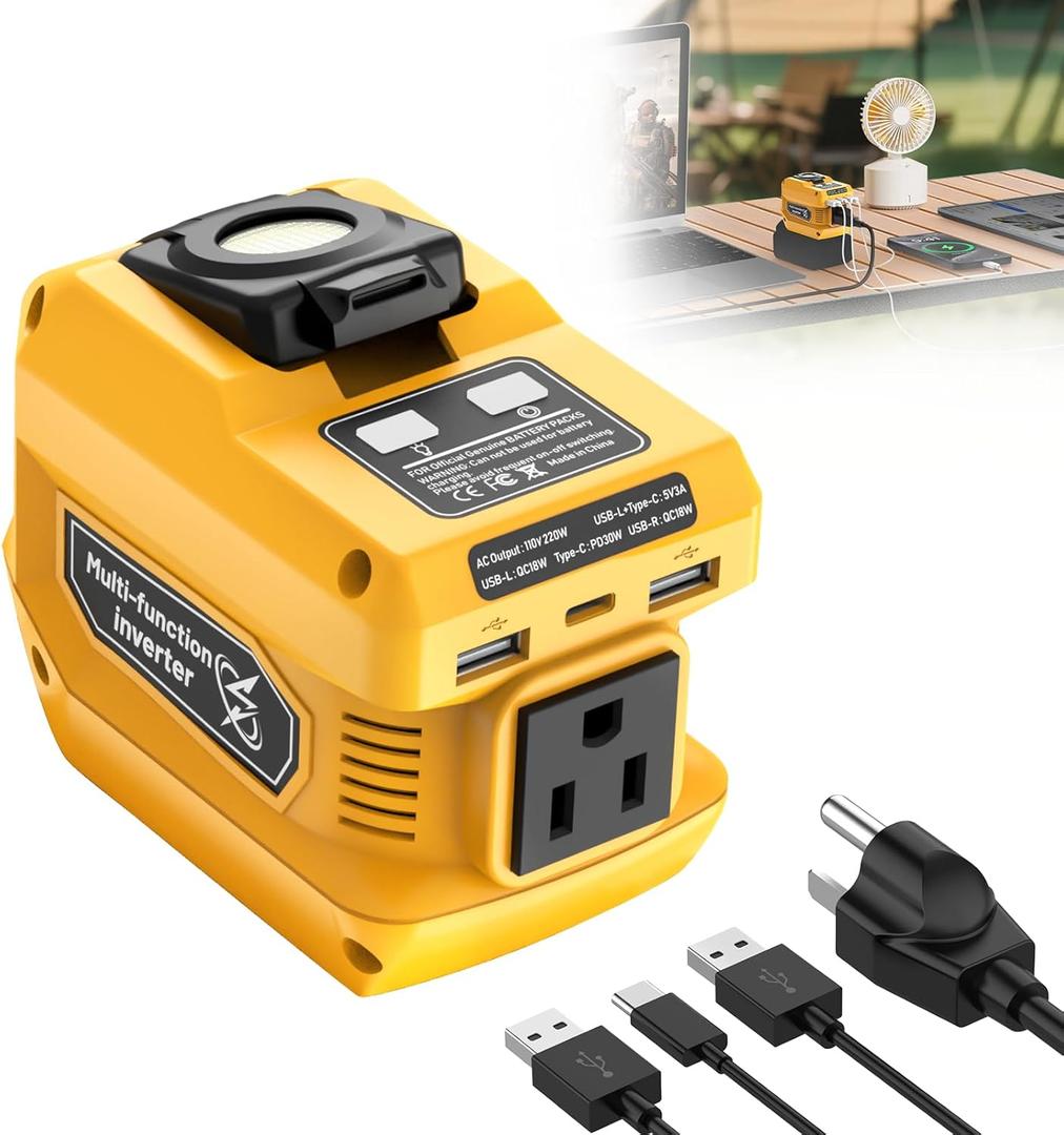 220W Portable Power Inverter Compatible with Dewalt 20V Battery, DC 20V to AC 110V Battery Inverter, Power Station with 400LM LED Work Light, 1 AC Outlet, 2 USB Ports & 1 TypeC Fast Charging (Yellow)