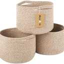 MiniArk Small Basket for Organizing | Cube Shelf Closet Storage Baskets | 9.7×9.7×7.1” | Woven Rope Gift Basket | Nursery | Round 3 Packs Mixed Brown