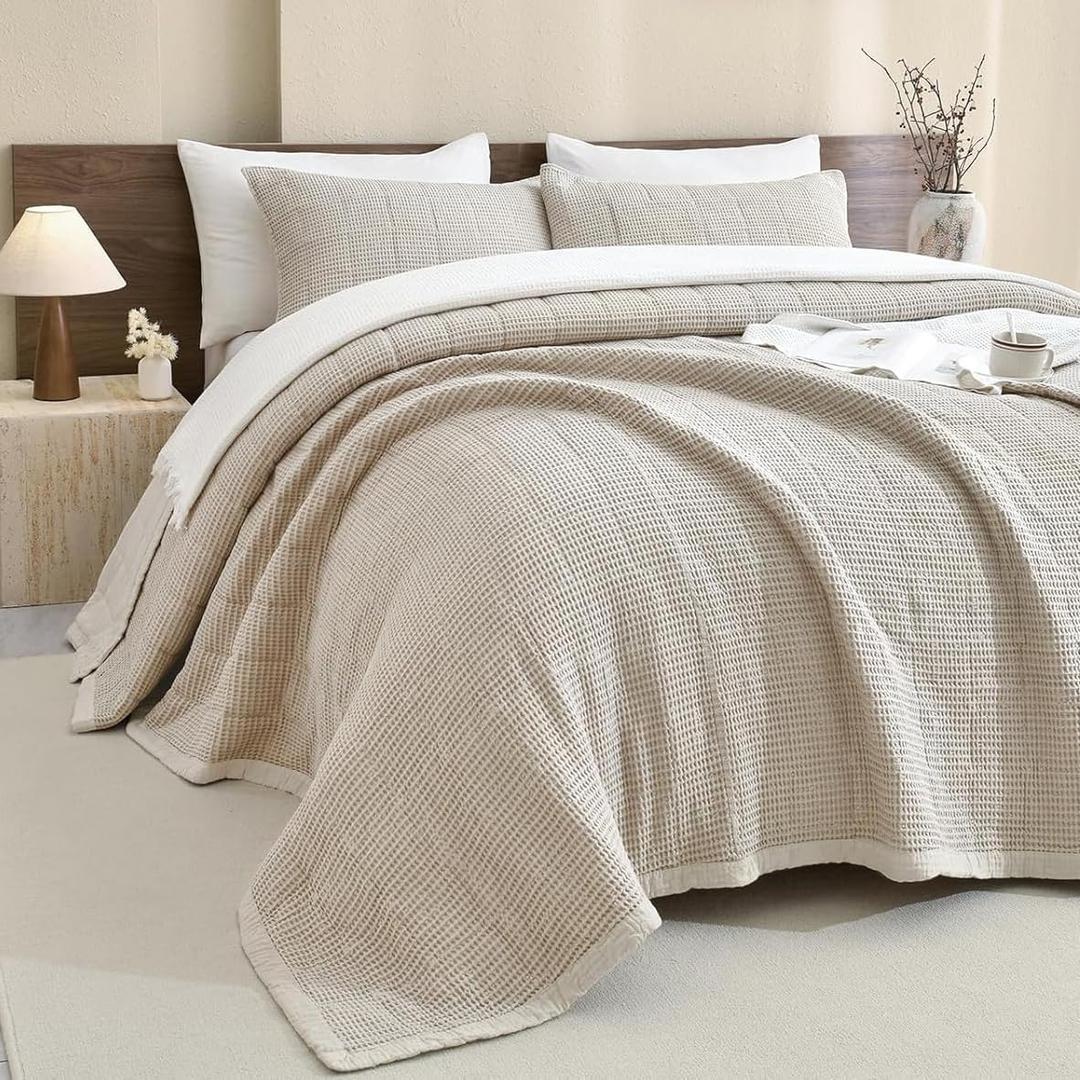 Sanracie Cotton Quilt King(110"x98"), Wheat Colored Soft Waffle Weave Quilt Set 3Pcs Lightweight Breathable Farmhouse King Size Bedding Coverlet for All Seasons