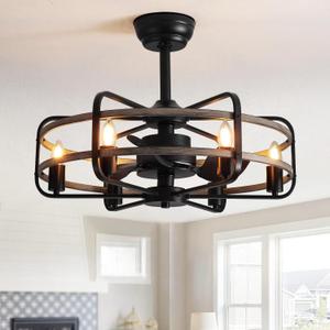 NOXARTE Cage Ceiling Fan with Light, Vintage Fandelier Remote Control, Bladess Industrial Chandelier Ceiling Fan Reverse Motor for Living Dining Room Bedroom Dia 25 Inch, Walnut