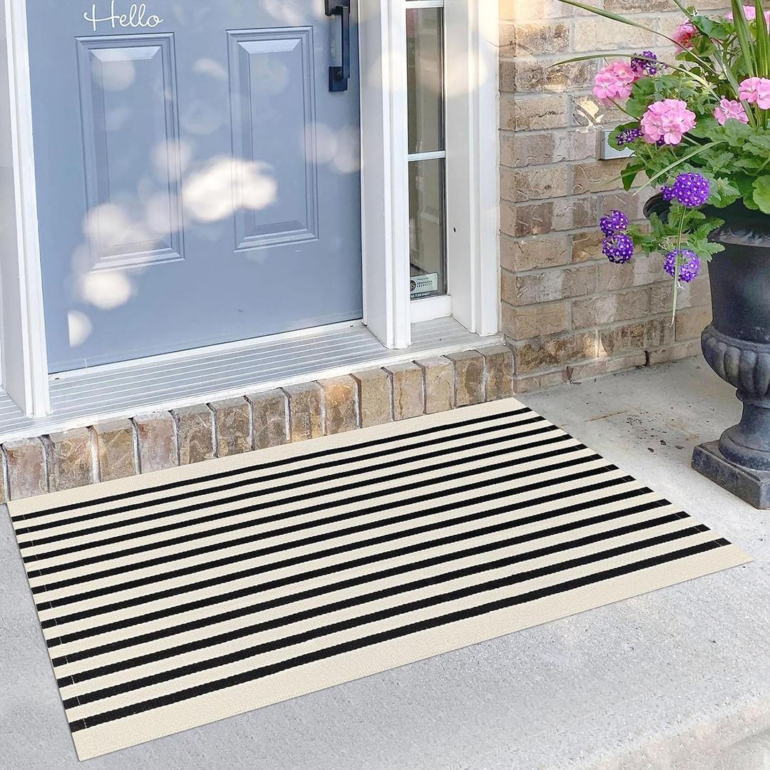 Beige Striped Rug 2.3'x3.6' Indoor Outdoor Rugs Front Door Mat Hand Woven Cotton Washable Striped Layered Doormats for Front Porch/Kitchen/Farmhouse/Entryway/Patio