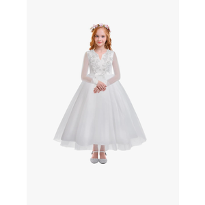IDOPIP White First Communion Dresses for Girls Lace Flower Wedding Bridesmaid Pageant Birthday Baptism Party Maxi Tulle Gown, 13-14 Y