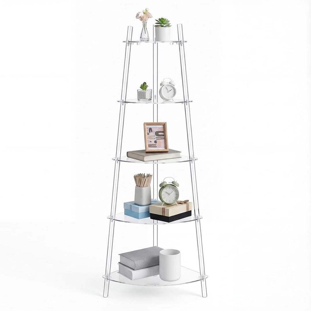 Beeveer Acrylic Corner Bookshelf 5 Tier Clear Book Shelf 16.7" D x 16.7" W x 61" H, Open Display Multipurpose Corner Shelf for Living Room Bathroom Office