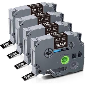 Unismar TZe-325 Compatible for Brother Ptouch 9mm 0.35 Laminated White on Black Label Tape TZ325 TZ Tape Work for Label Maker PTD220 PTD200 PTD210 PTD400 PTH100 PTH110 PT1280, 3/8'' x 26.2', 4-Pack