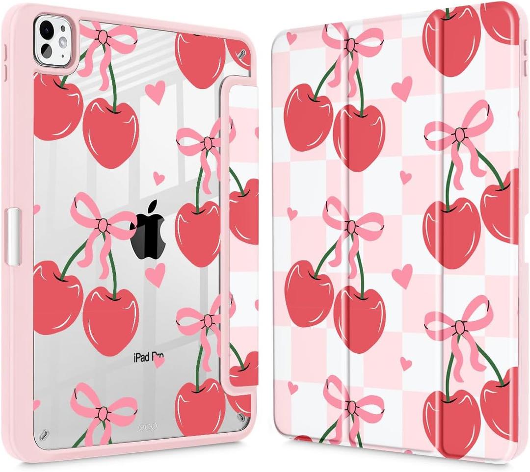 Mektron Case for M5/ M4 iPad Pro 11 inch 2025/2024 with Pencil Holder, Compatible Models: A3357/A3358/A3359/A2836/A2837/A3006, Shockproof Cover Clear Shell, Cherries Bows C353