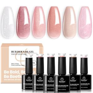 Beetles Builder Gel Set, 6 Colors Glitter Shimmer 7 in 1 Nude Pink White Nail Thickening Strengthening Building Apex for Beginner DIY Salon at Home, Shimmer Builder Nail Gel, UV & LED Lamp Cured Needed