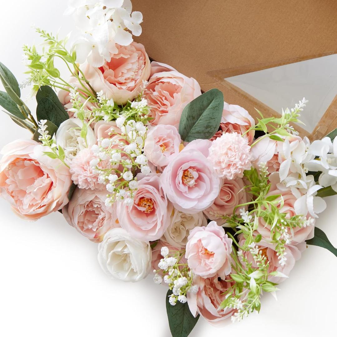 MISSPIN Artificial Flowers DIY Box Set Fake Roses Bouquet Bridal Wedding Flowers Colorful Centerpiece Table Decorations Boho Faux Floral with Stems Arrangements for Cake Home Party Indoor Outdoor (Pink)